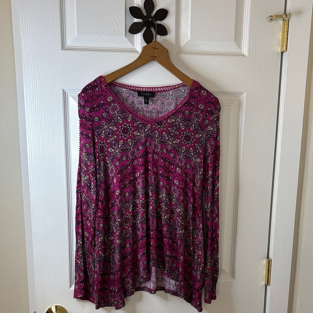 Jessica Simpson Fuchsia Patterned Long Sleeve Cut-Out Trim Accent Top Hi Lo XS